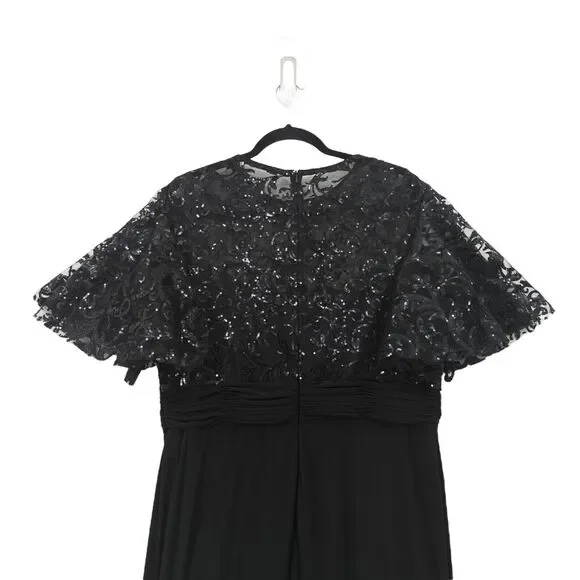 Mac Duggal Women 14 Embellished Butterfly Sleeve Gown Dress Black Sequins 68002